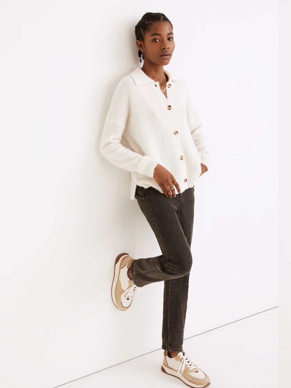 Madewell Off-White Wool/Alpaca Blend Carabelle Polo Button-Up Cardigan XL Boxy - Picture 2 of 13
